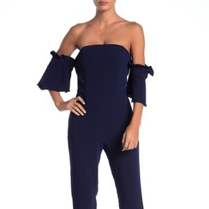 Adelyn Rae Olena blue off the shoulder jumpsuit